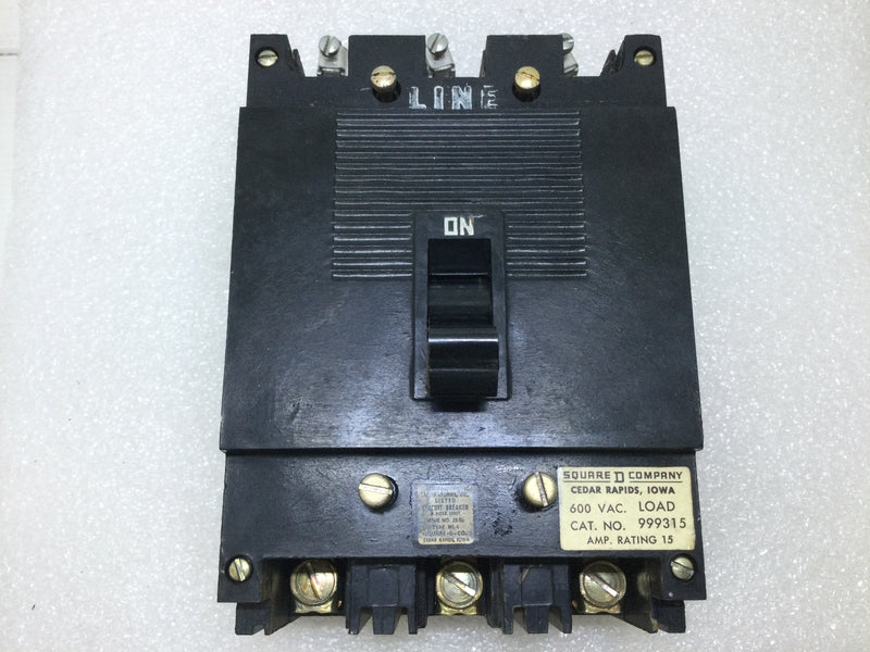 Square D 999315 15 Amp 3 Pole 600Vac Type ML-1 Circuit Breaker