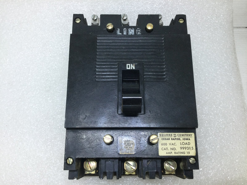 Square D 999315 15 Amp 3 Pole 600Vac Type ML-1 Circuit Breaker