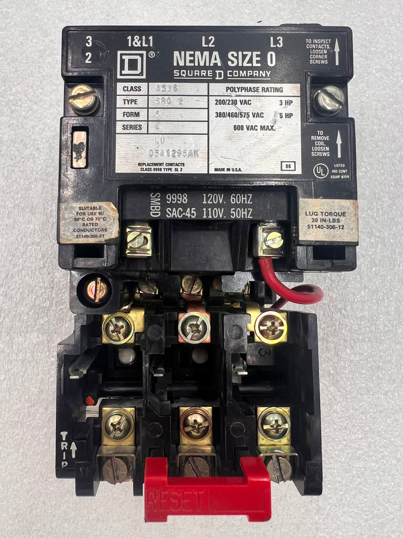 Square D 8536SBO2A Contactor 600V Max Series A 3-Phase Size 0  SAC-45 SMBD 9998 120V 60Hz 110V 50Hz