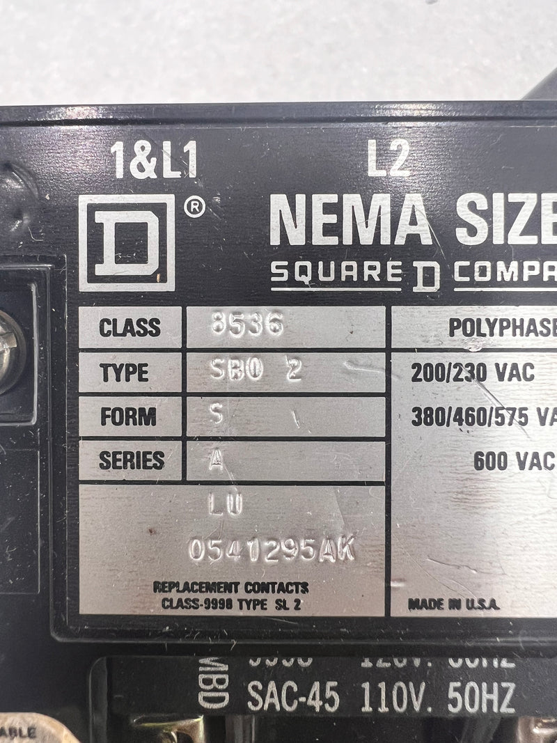 Square D 8536SBO2A Contactor 600V Max Series A 3-Phase Size 0  SAC-45 SMBD 9998 120V 60Hz 110V 50Hz