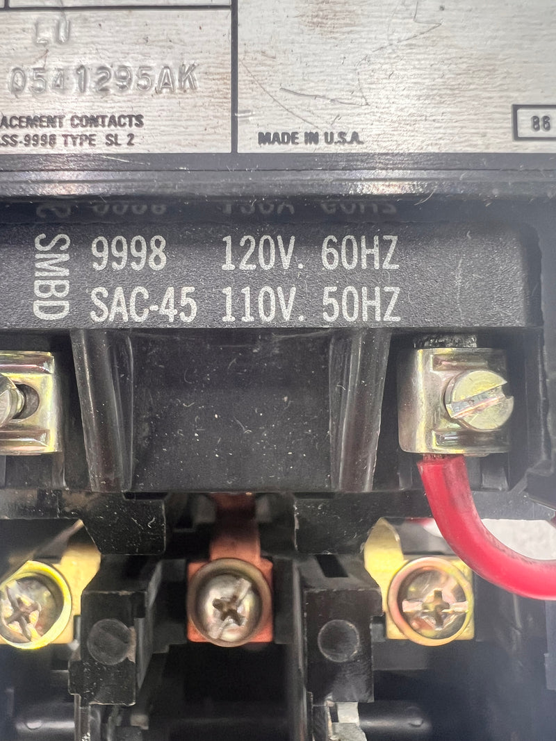 Square D 8536SBO2A Contactor 600V Max Series A 3-Phase Size 0  SAC-45 SMBD 9998 120V 60Hz 110V 50Hz