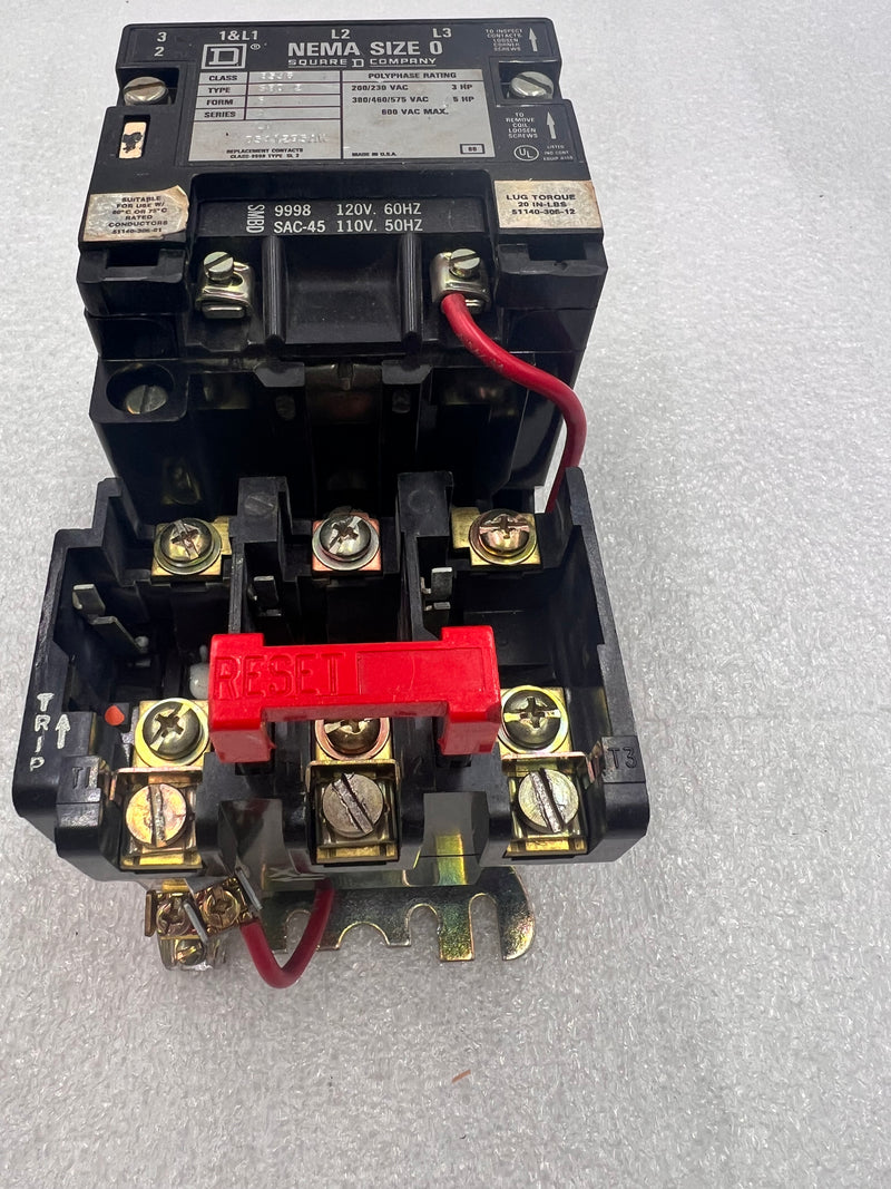 Square D 8536SBO2A Contactor 600V Max Series A 3-Phase Size 0  SAC-45 SMBD 9998 120V 60Hz 110V 50Hz