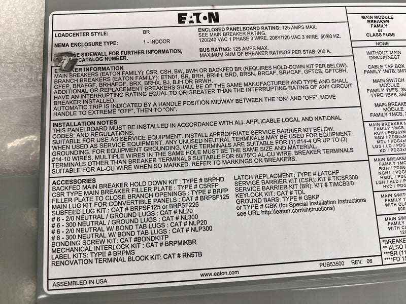 Eaton BRP12L125 125A Single Phase 120/240VAC Plug On Neutral Type BR/BRP (Door Only) 17 3/4" x 15 3/8"