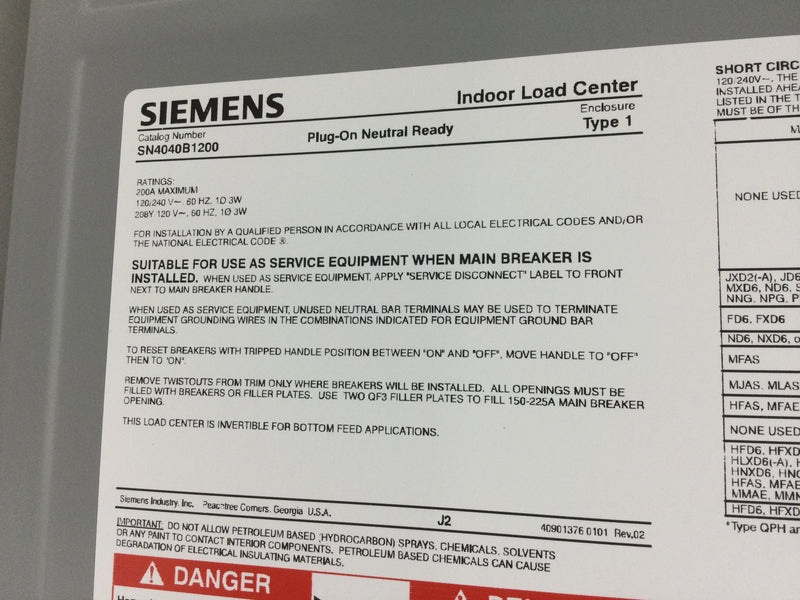 Siemens SN4040B1200 200A 40 Space/40 Circuit 120/240V Plug On Neutral Ready