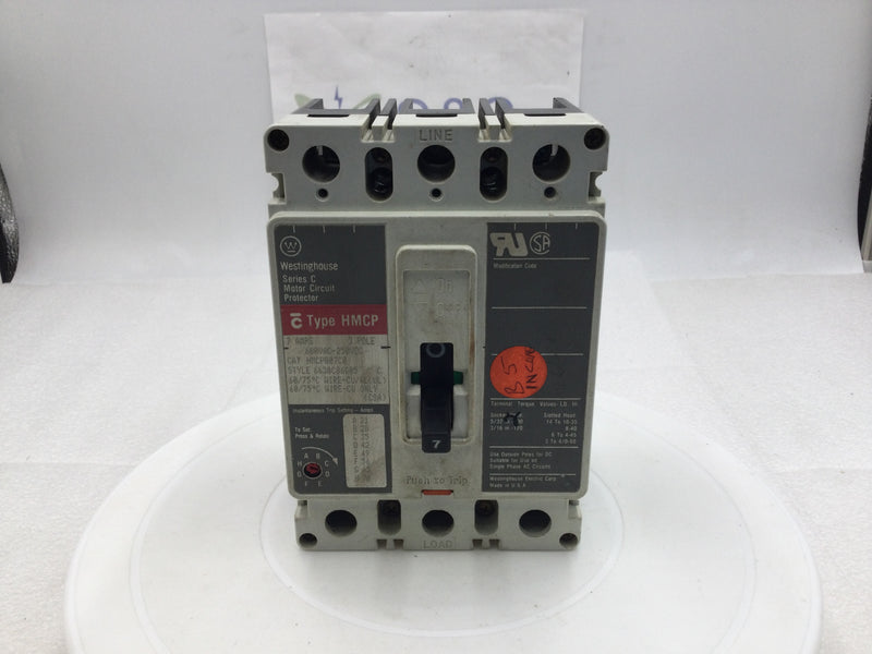Westinghouse HMCP007C0 7 Amp 3 Pole 600V Type HMCP Circuit Breaker