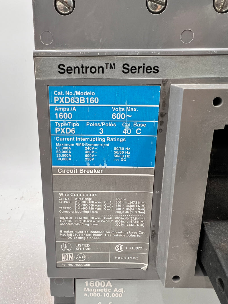 Siemens Sentron PXD63B160 1600Amp 600v 3 Poles Type PXD6 HACR Type Frame