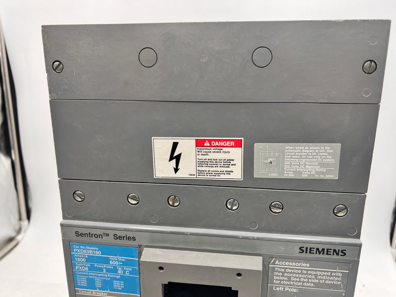 Siemens Sentron PXD63B160 1600Amp 600v 3 Poles Type PXD6 HACR Type Frame