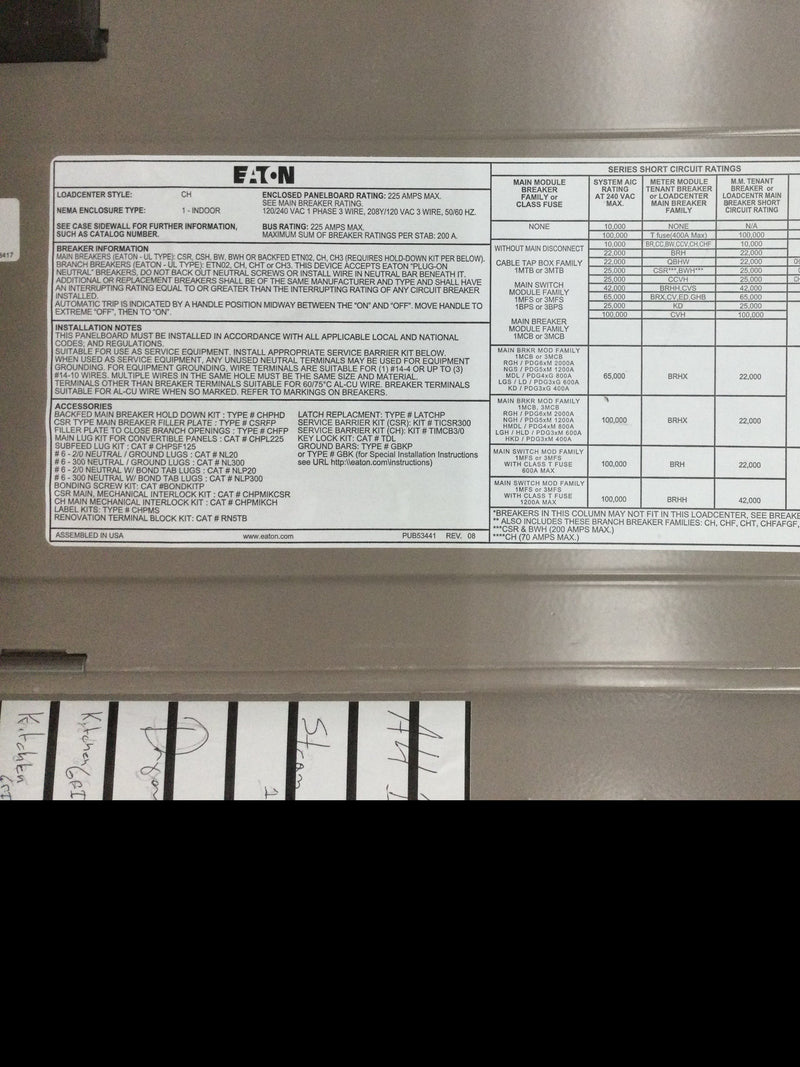 Eaton Cutler Hammer 225 Amp 120/240 V 1 Phase 3 Wire 42 Space Indoor Enclosed Load Center Cover with Main 38" x 15 3/8"