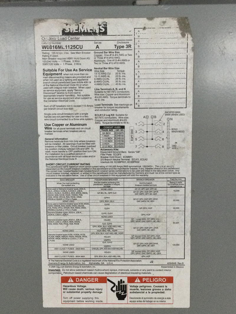 Siemens W0816ML1125CU Outdoor Load Center Cover Only Nema 3R 125Amp 120/240V 14 5/8" x 12 1/4"