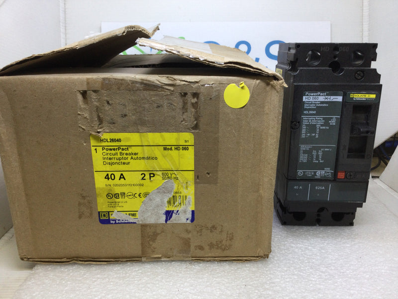 Square D HDL26040 40 Amp 2 Pole 600V PowerPact Circuit Breaker