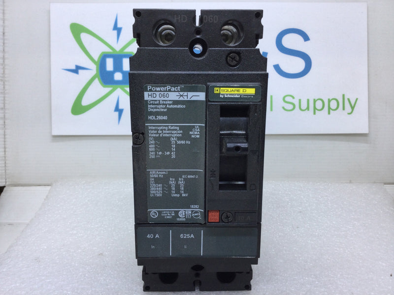 Square D HDL26040 40 Amp 2 Pole 600V PowerPact Circuit Breaker