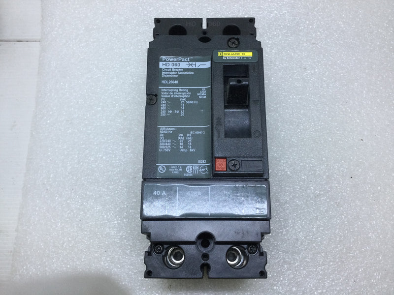 Square D HDL26040 40 Amp 2 Pole 600V PowerPact Circuit Breaker