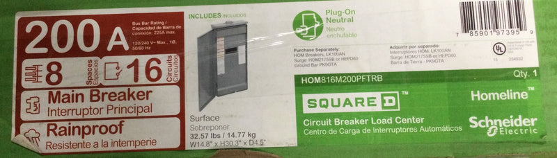 Square D Schneider HOM816M200PFTRB Circuit Breaker Load Center 200A, 8 Space /16 Circuit NEMA 3 Outdoor Main Breaker