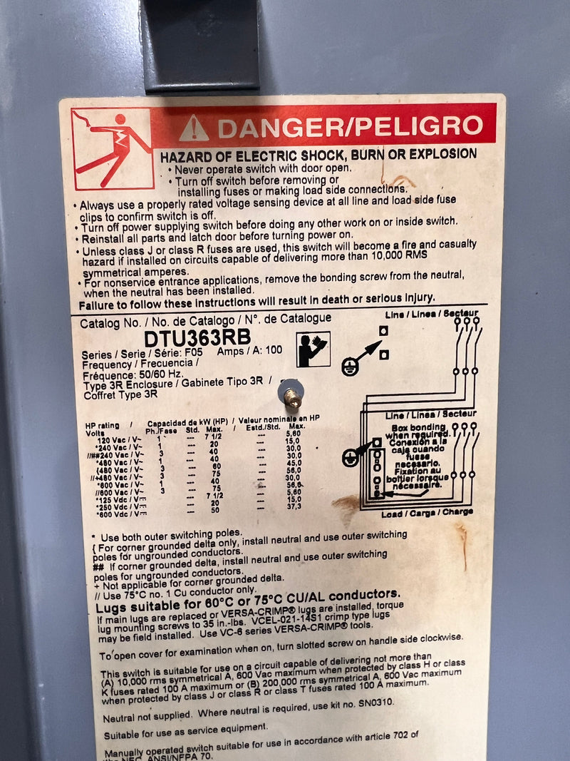Square D DTU363RB 100 Amp 600v Double Throw Enclosed Switch Type 3R