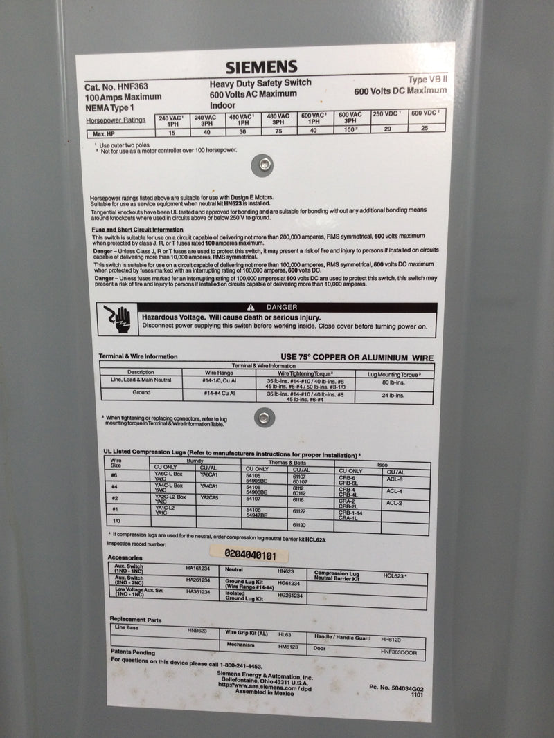 Siemens HNF363 100 Amp 660V Nema 1 Indoor Safety Switch Non-Fused