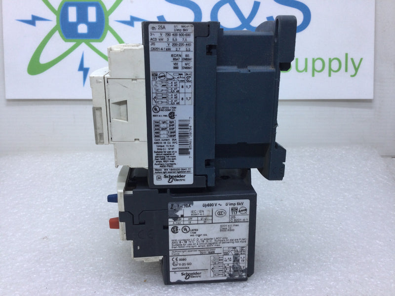 Telemecanique/Schneider Electric LC1D12 Contactor 25 Amp 200-600v 10 Hp With Relay 600V 7-10Amp Includes  LRD 14 Overload Relay