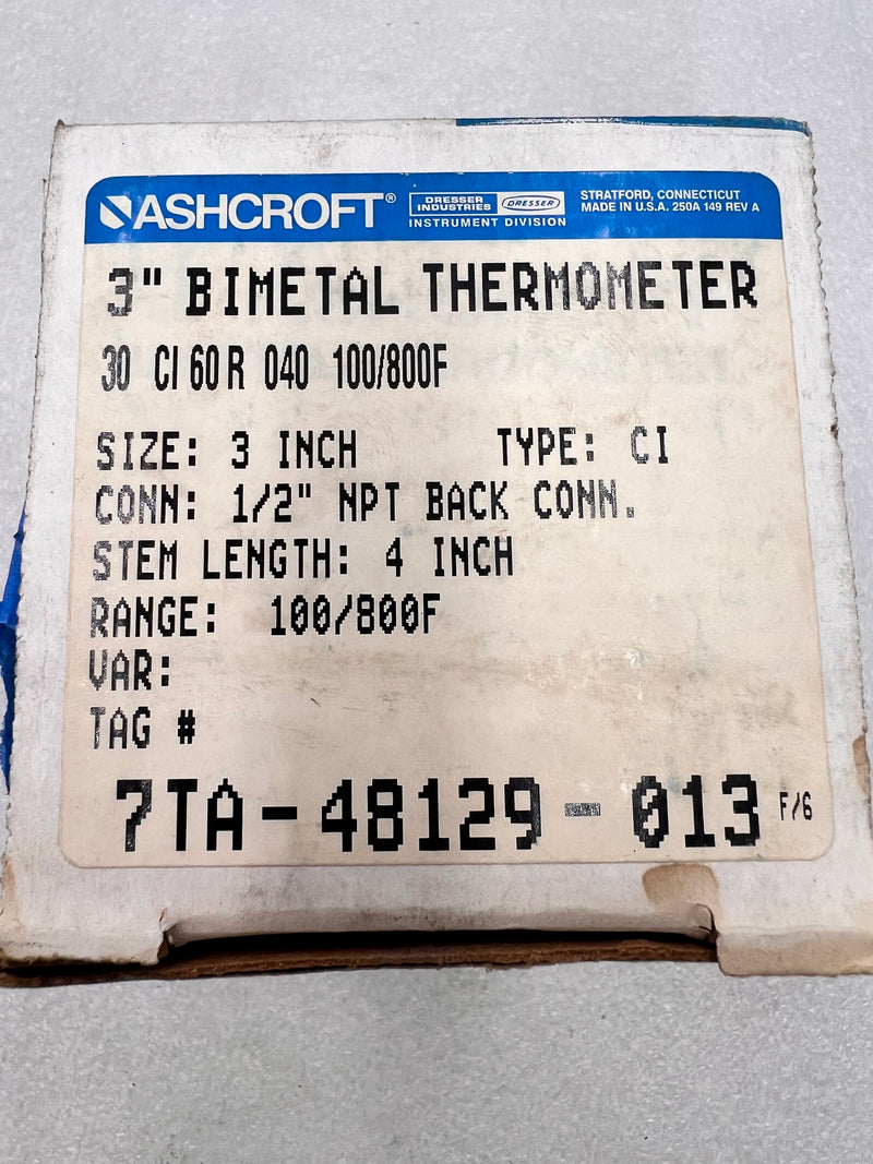 ASHCROFT 3" Bimetal Thermometer 30cl60r040 100/800F