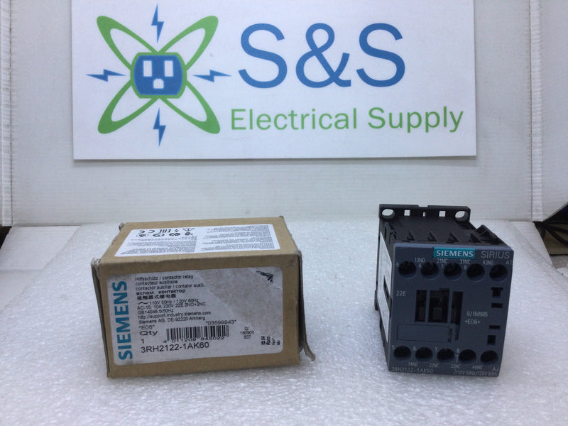 Siemens 3RH2122-1AK60 Hifsschutz/Contactor Relay 110/120V Coil 50/60Hz 3Ph 600VAC 10Hp Max