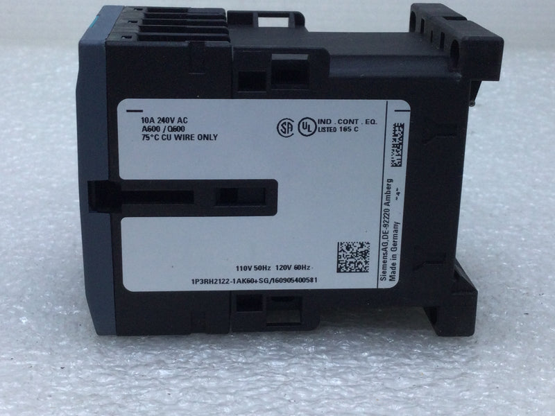 Siemens 3RH2122-1AK60 Hifsschutz/Contactor Relay 110/120V Coil 50/60Hz 3Ph 600VAC 10Hp Max