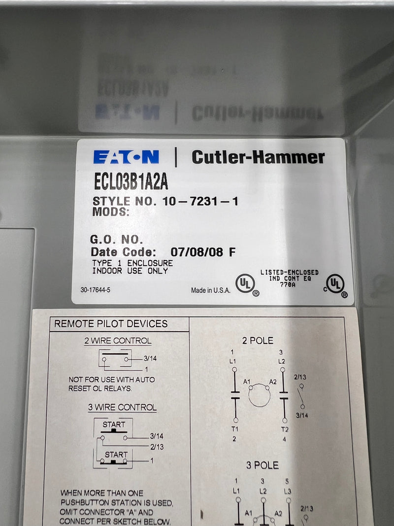 Cutler Hammer ECL03B1A2A 20 Amp 2 Pole 120v Enclosed CN35BN2 Series B1 Lighting Contactor