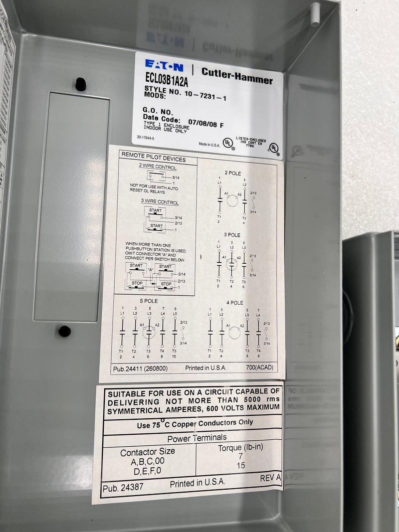 Cutler Hammer ECL03B1A2A 20 Amp 2 Pole 120v Enclosed CN35BN2 Series B1 Lighting Contactor