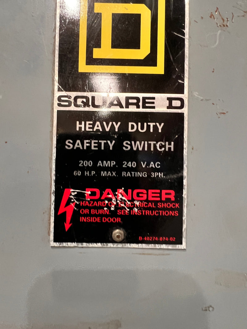 Square D H324N 200 Amp 3 Pole Fused 240V Heavy Duty Safety Switch