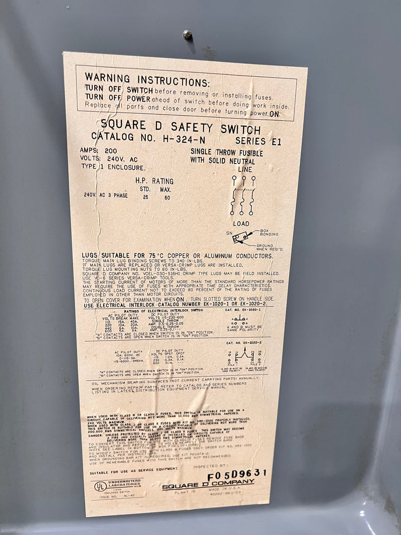 Square D H324N 200 Amp 3 Pole Fused 240V Heavy Duty Safety Switch