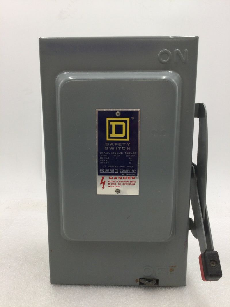 Square D HU361 Heavy Duty Safety Switch 600v 30 Amp Series 10 3/4" x 6"