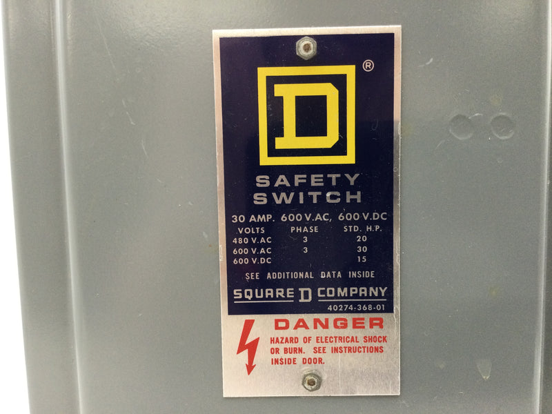 Square D HU361 Heavy Duty Safety Switch 600v 30 Amp Series 10 3/4" x 6"