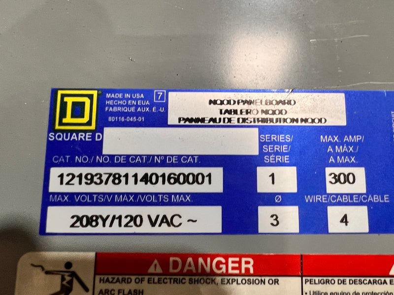 Square D NQOD Panelboard 208Y/120 3Ø 4 Wire Delta 240v 300 Amps 30 space Guts