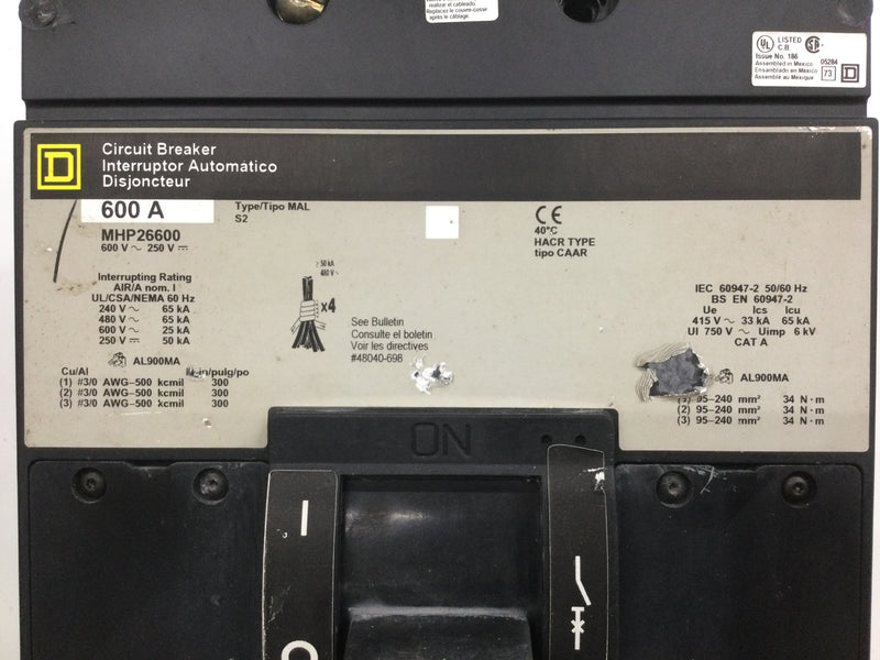 Square D MHP26600 MH600A 2 Pole 600 Volt 600 Amp Circuit Breaker