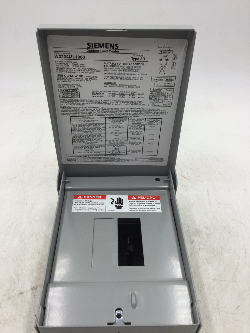 Siemens W0204ML1060 Single-Phase Low Voltage Residential Main Lug Load Center, 60A, 2 Spaces, 4 Circuits