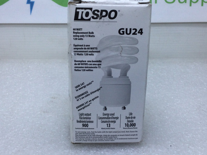 Tospo GU24 Base 2-Pronge 13 Watts 120V 60Hz Mini Twist Spiral Cool White