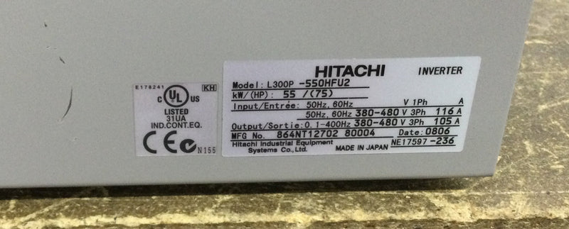 Hitachi L300P-550HFU2 AC Drive Inverter 380-480 VAC 50-60 Hz Input/380-480 VAC 1-400Hz Output