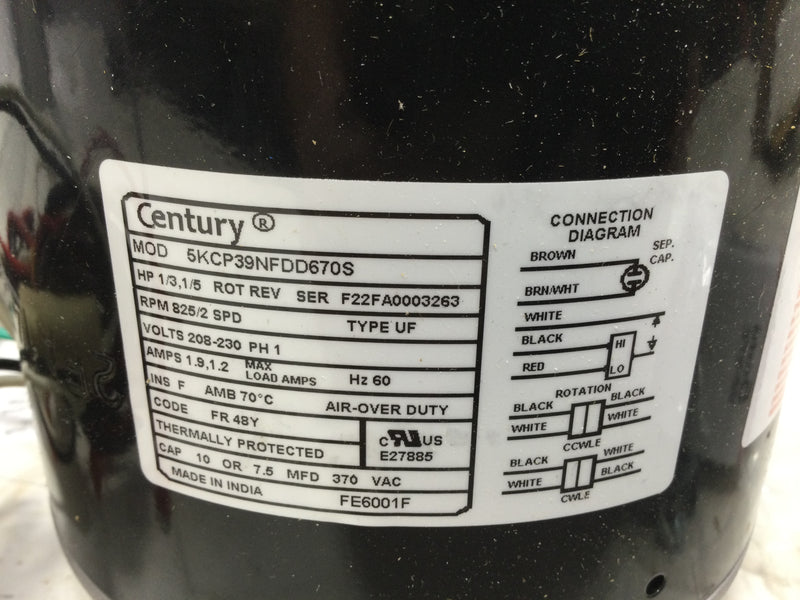 Century FE6001F Multi HP Condenser Fan Motor with Capacitor.