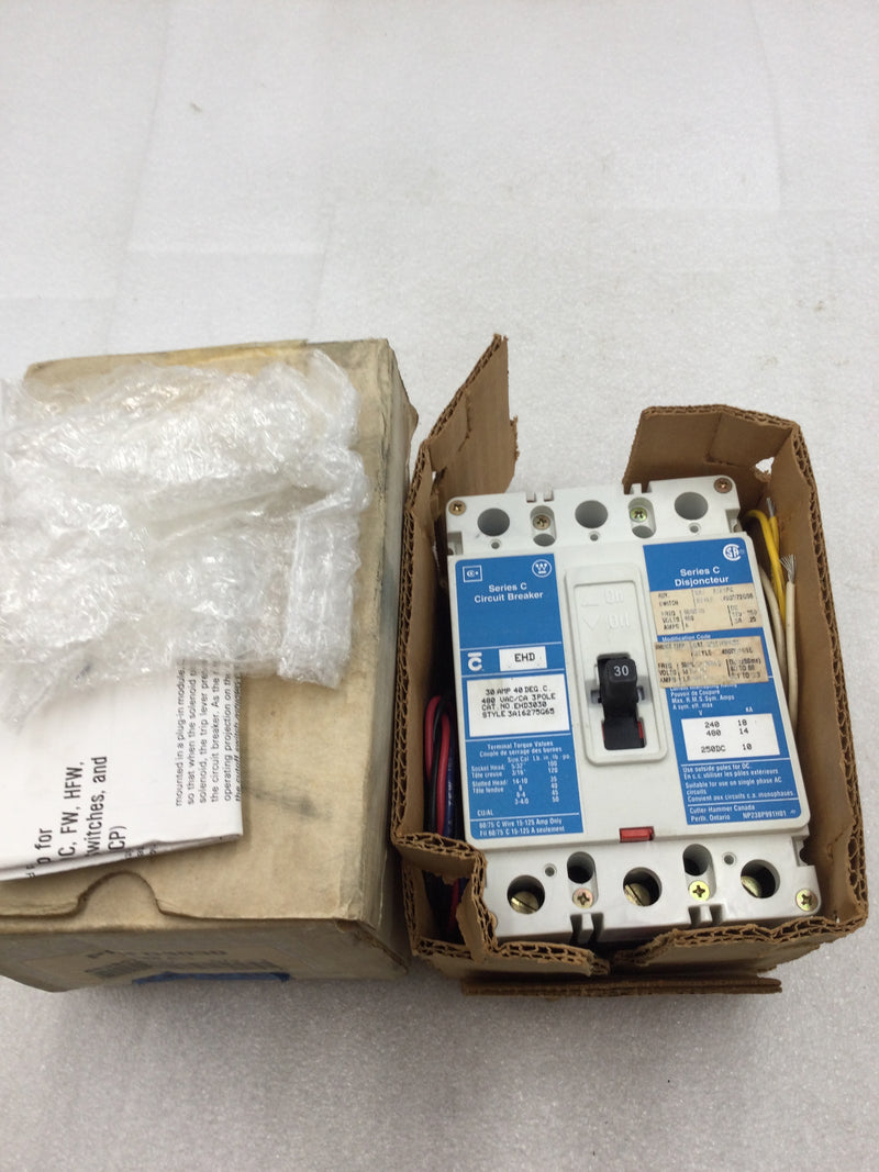 Westinghouse EHD3030 30 Amp 3 Pole 480v Circuit Breaker w/Aux Switch A1x1pk  & Shunt Trip