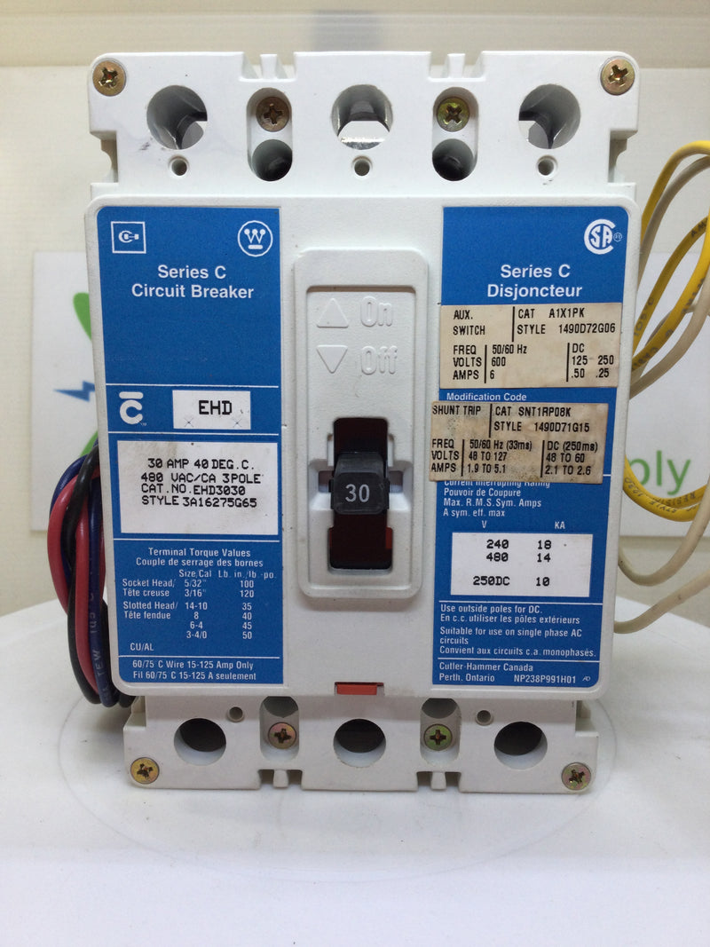 Westinghouse EHD3030 30 Amp 3 Pole 480v Circuit Breaker w/Aux Switch A1x1pk  & Shunt Trip