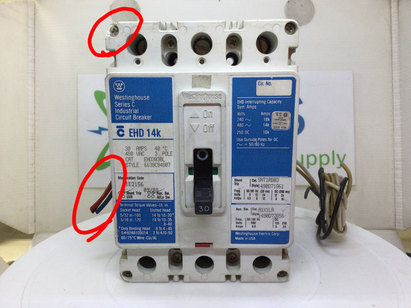 Westinghouse EHD3030L 30 Amp 3 Pole w/A1X1LA Aux. Switch & SNT1RB03 Shunt Circuit Breaker (Cosmetic Flawed)