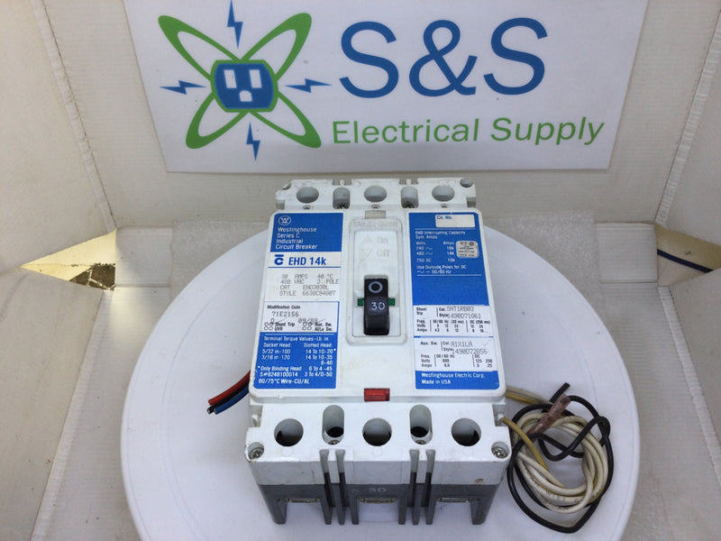 Westinghouse EHD3030L 30 Amp 3 Pole w/A1X1LA Aux. Switch & SNT1RB03 Shunt Circuit Breaker (Cosmetic Flawed)