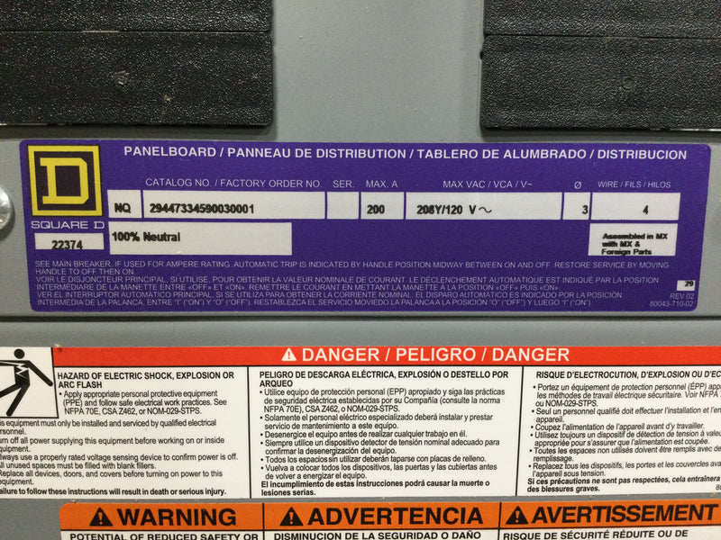 Square D NQ294473345900300001 200 amp, 208/120V, 3 PH, 4 Wire 30 Space Main Breaker Panel Interior