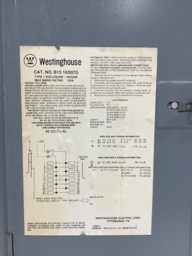 Westinghouse B15 1630CG 150 Amp 120/240V Indoor Cover Only 30 Spaces Type 1 Enclosure 24 1/8" x 15 1/8"