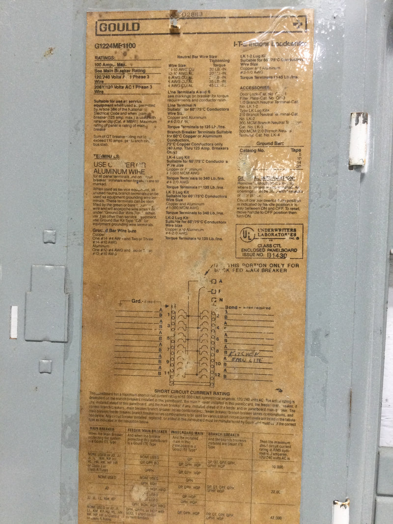 ITE Gould G1224MB1100 Indoor Load Center Cover/Door Only w/Main 100 Amp 120/240V 1 Phase 3 Wire 12/24 Space 19 1/8" x 15 1/2"