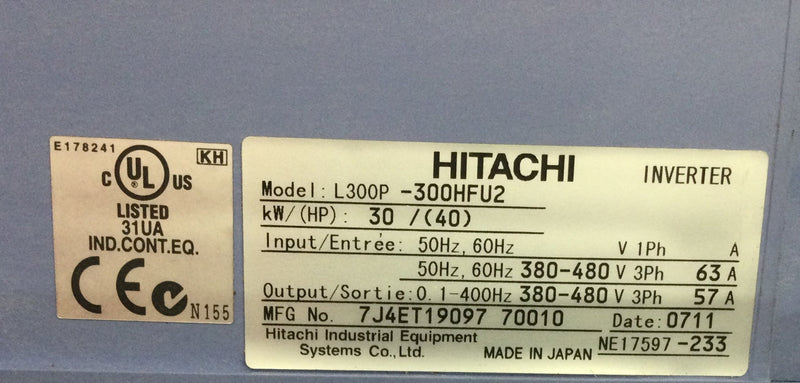 Hitachi L300P-300HFU2 AC Drive Inverter 380-480 VAC 50-60 Hz Input/380-480 VAC 1-400Hz Output