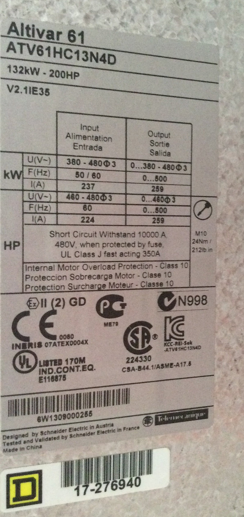 Square D ATV61HC13N4D Altivar 61 Inverter 380-480 VAC 50-60 HZ Input/0-380 & 0-480 VAC 0-400Hz Output