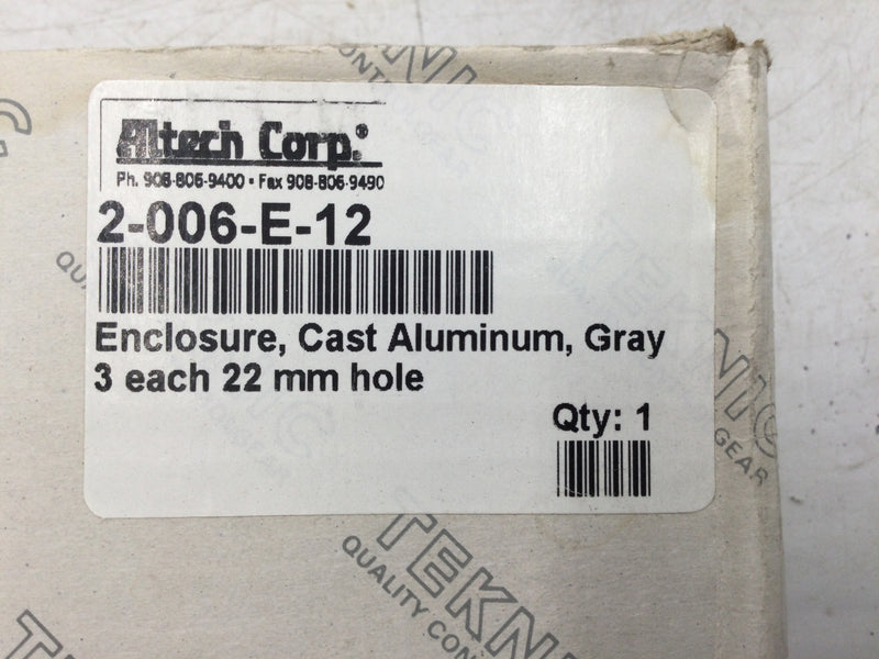 Altech 2-006-E-12 Enclosure, Cast Aluminum, Gray, 3 each 22mm holes