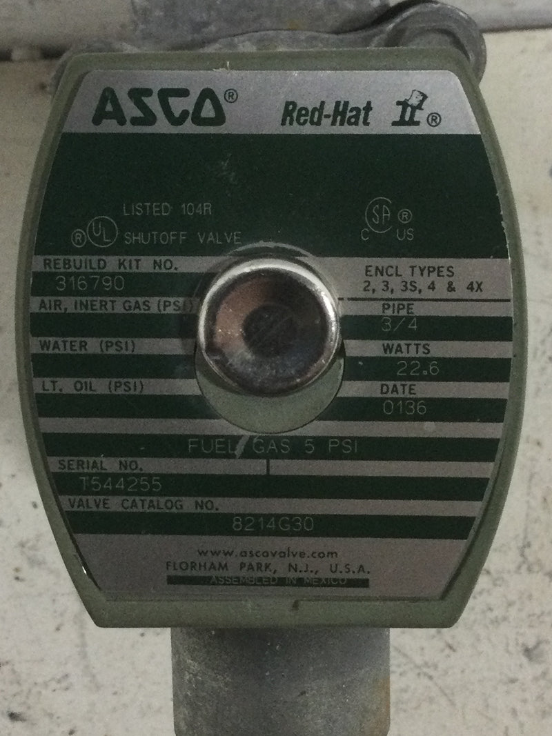 Kohler 20RZ Generator -ASCO 8214G30 3/4" 2-Way Gas Solenoid Blocking Valve
