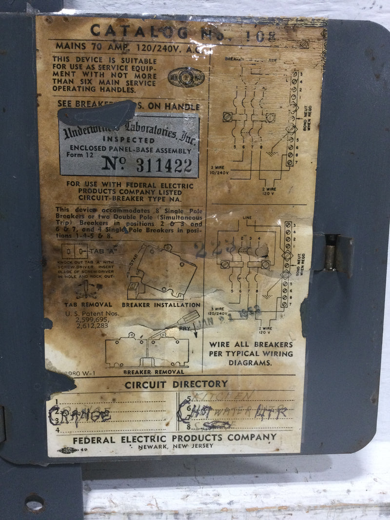 Federal Noark Catalog No. 108 Load Center Cover/Door Only 70 Amp 120/240V 8 Space 11 3/8" x 8"