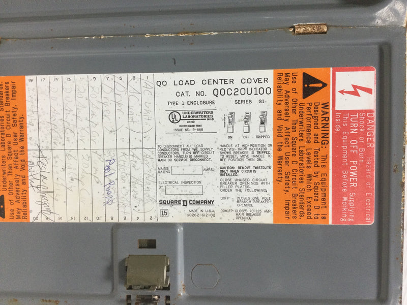 Square D QOC20U100 Load Center Cover/Door Only with Main 20 Space 120/240V Type 1 Enclosure 18" x 14 1/4"