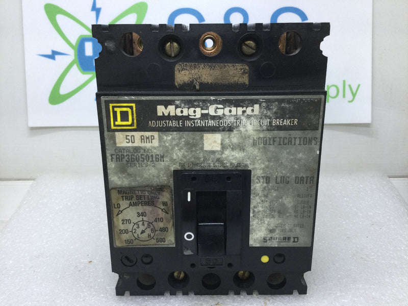 Square D FAP3605016M 50 Amp 3 Pole 600VAC Mag-Gard Adjustable Instantaneous Trip Circuit Breaker