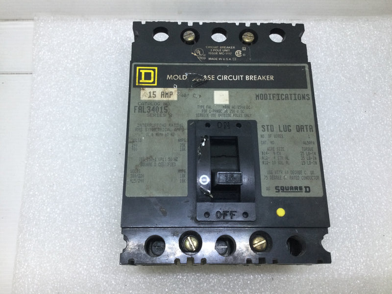 Square D FAL34015 15 Amp 3 Pole 480Vac 250VDC Circuit Breaker